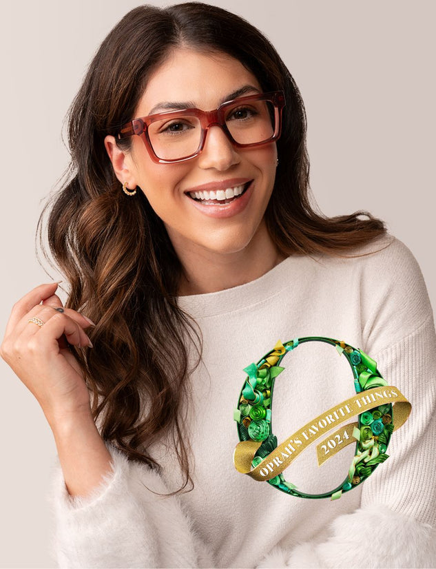 women wearing rose Oprah's favorite things glasses and the oprah's favorite things logo