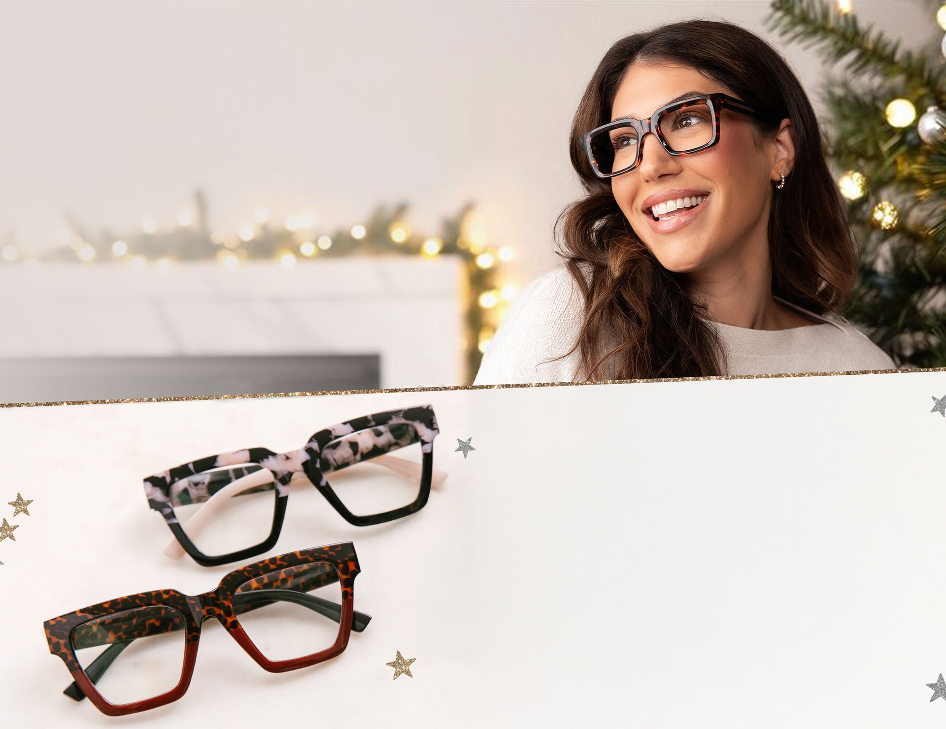 Black Friday 2024 Hero. Model on top with Christmas decorations. Flat lay of two pairs of glasses on the bottom.